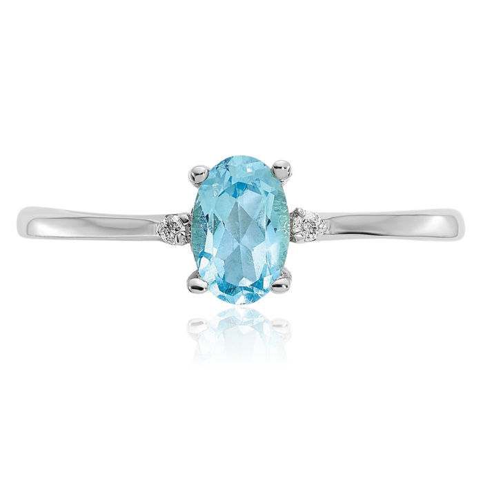 14K Solid White Gold Diamond Swiss Blue Topaz Ring April December Birthstone Jewelry