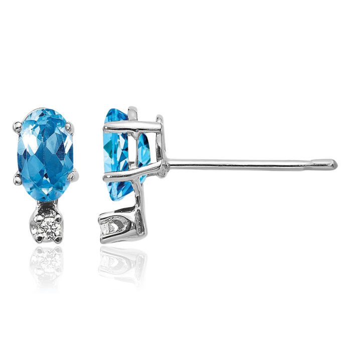 14K Solid White Gold Diamond Swiss Blue Topaz Stud Earrings Gemstone Post Push Back April December Birthstone Jewelry