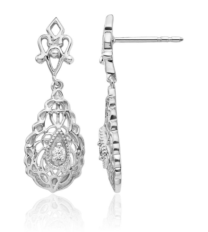 14K Solid White Gold Diamond Teardrop Vintage Drop Dangle Earrings