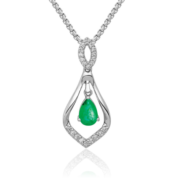 14K Solid White Gold Diamond Teardrop Green Emerald Dangling Necklace Charm Gemstone Pendant