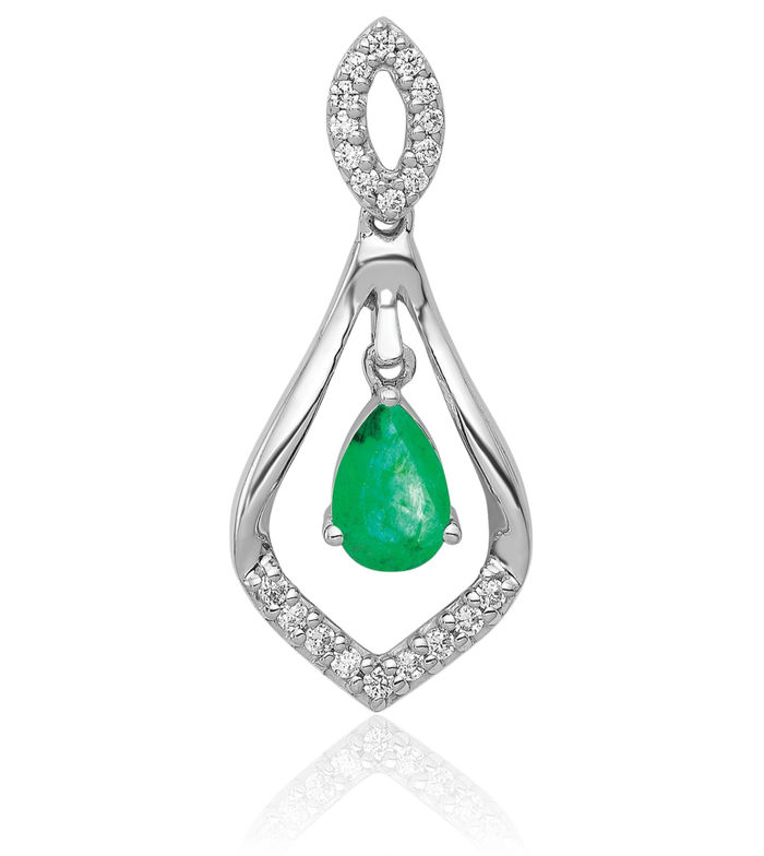 14K Solid White Gold Diamond Teardrop Green Emerald Dangling Necklace Charm Gemstone Pendant