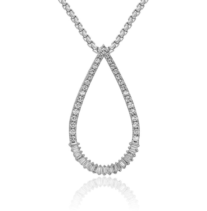 14K Solid White Gold Diamond Teardrop Floating Chain Slide Pendant Necklace Pear Charm