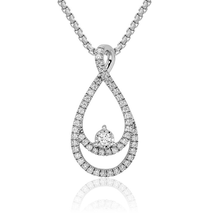 14K Solid White Gold Diamond Teardrop Floating Chain Slide Pendant Necklace Pear Charm