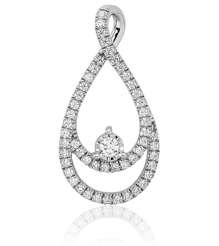 14K Solid White Gold Diamond Teardrop Floating Chain Slide Pendant Necklace Pear Charm