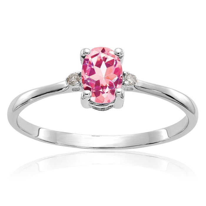 14K Solid White Gold Diamond Pink Tourmaline Ring Gemstone Band April October Birthstone Jewelry