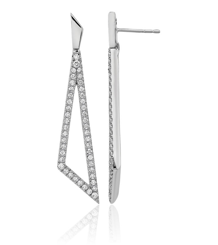 14K Solid White Gold Diamond Triangle Drop Dangle Earrings