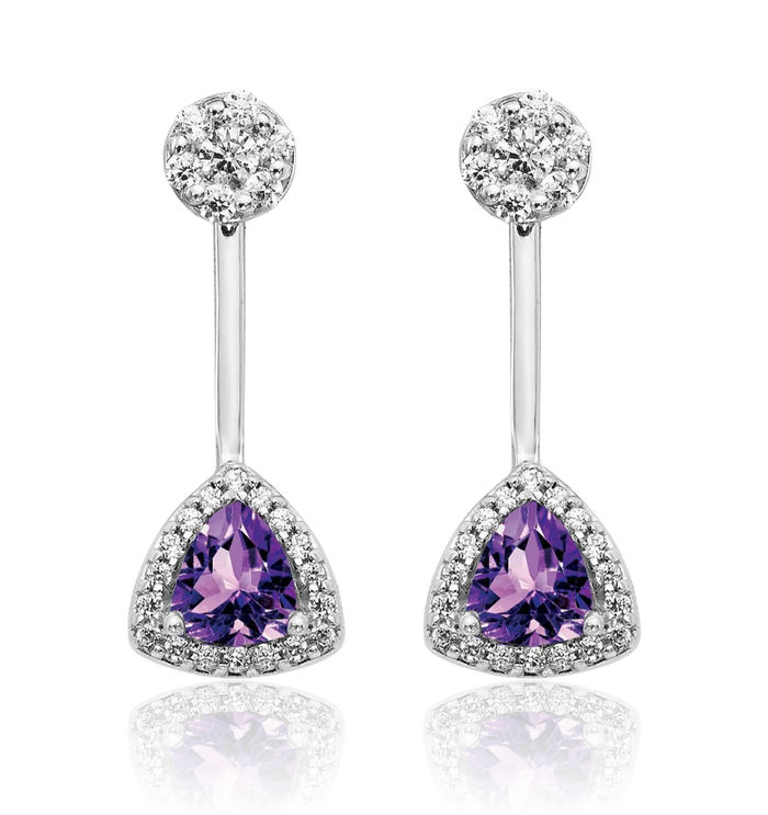 14K Solid White Gold Diamond Trillion Purple Amethyst Drop Dangle Earrings February Birthstone Jewelry