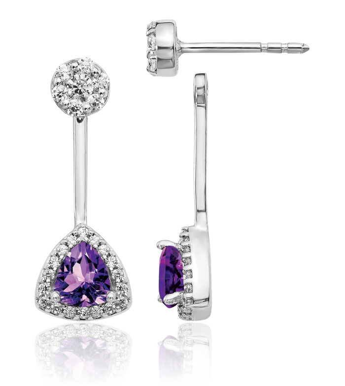 14K Solid White Gold Diamond Trillion Purple Amethyst Drop Dangle Earrings February Birthstone Jewelry