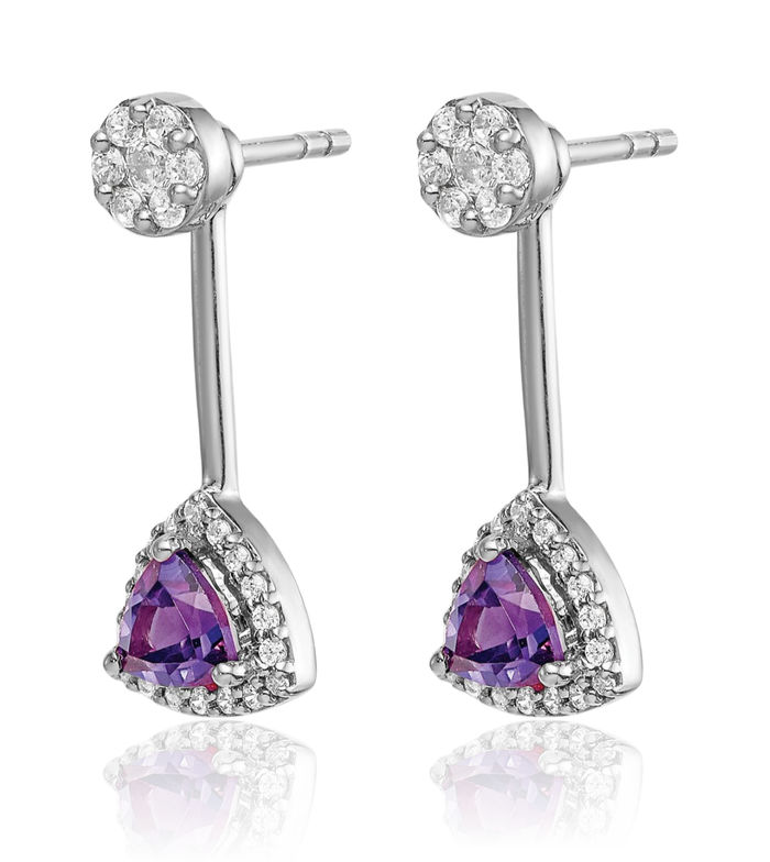 14K Solid White Gold Diamond Trillion Purple Amethyst Drop Dangle Earrings February Birthstone Jewelry