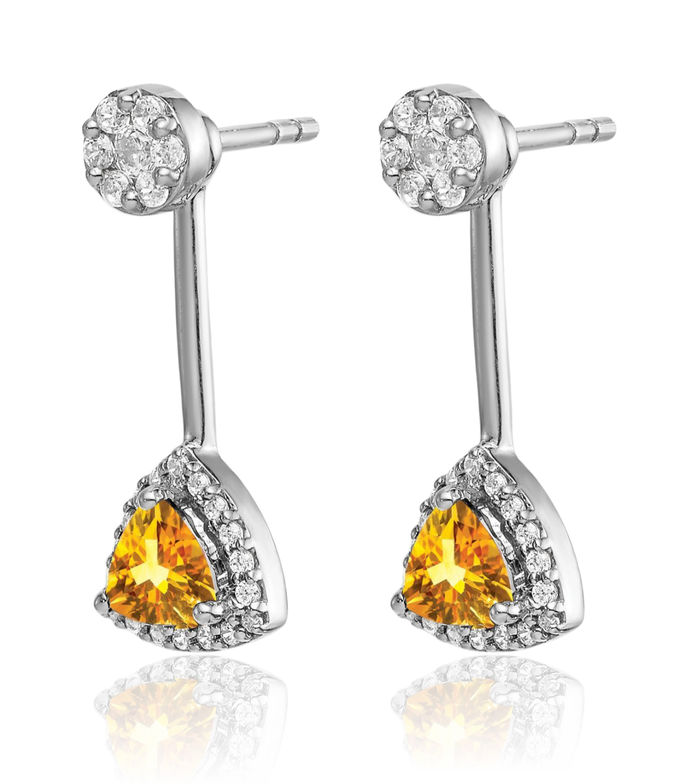 14K Solid White Gold Diamond Trillion Citrine Stud Earrings