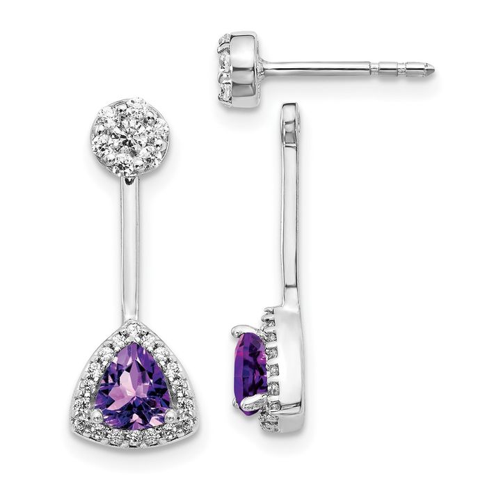 14K Solid White Gold Diamond Trillion Purple Amethyst Drop Dangle Earrings February Birthstone Jewelry