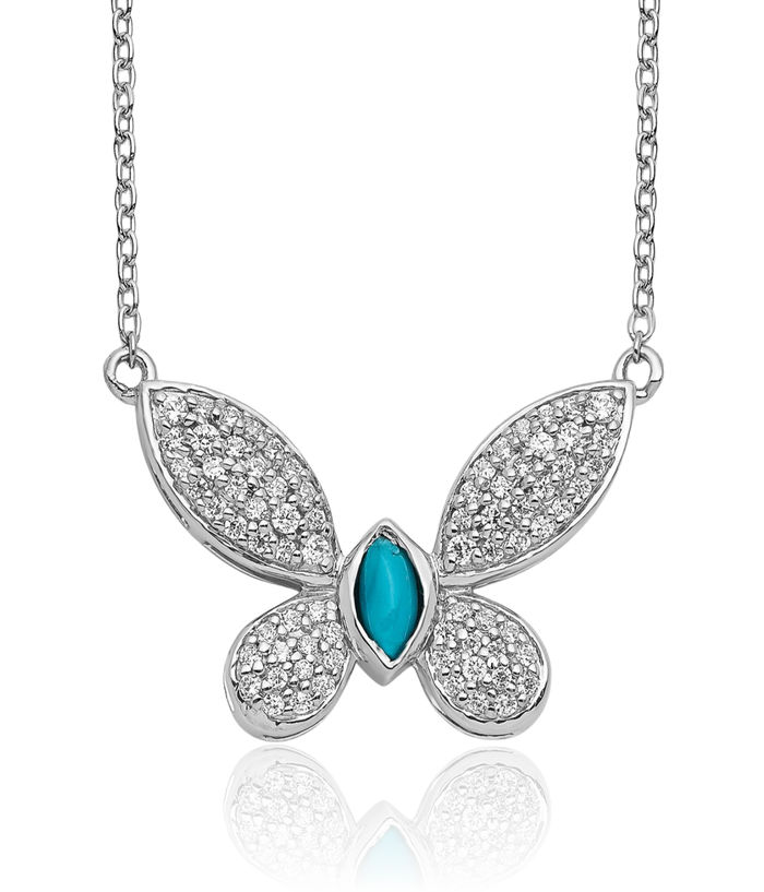 14K Solid White Gold Diamond Blue Turquoise Butterfly Wings Chain Necklace