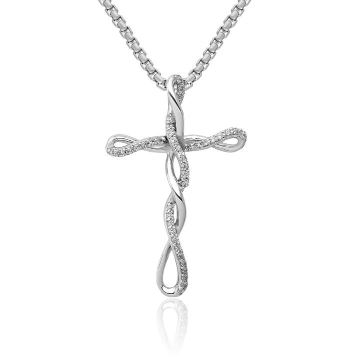 14K Solid White Gold Diamond Twisted Latin Mexican Holy Cross Floating Chain Slide Pendant Necklace Religious Jesus Christ Charm