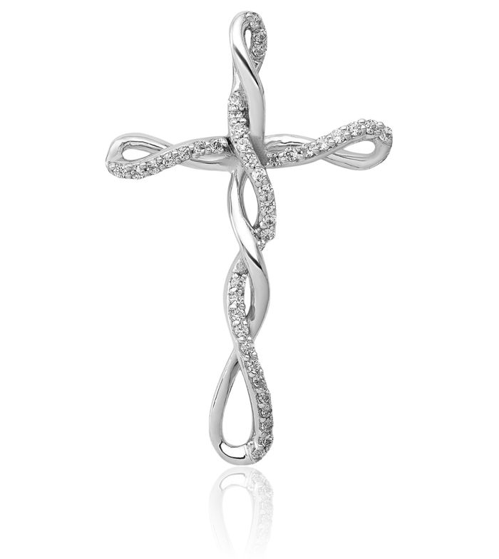 14K Solid White Gold Diamond Twisted Latin Mexican Holy Cross Floating Chain Slide Pendant Necklace Religious Jesus Christ Charm