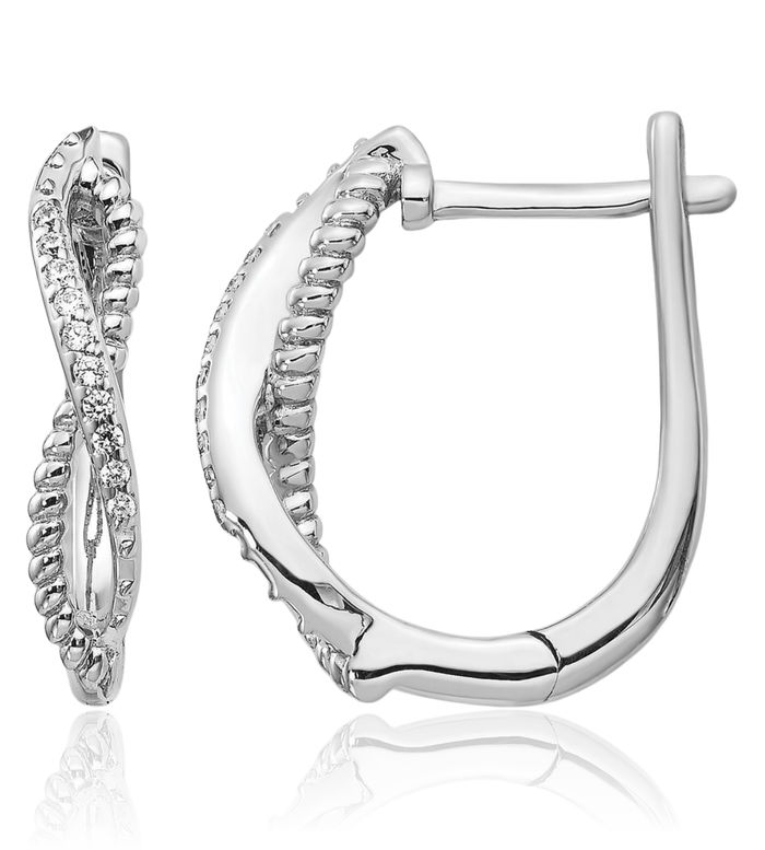 14K Solid White Gold Diamond Twisted Rope Post Small Hoop Earrings