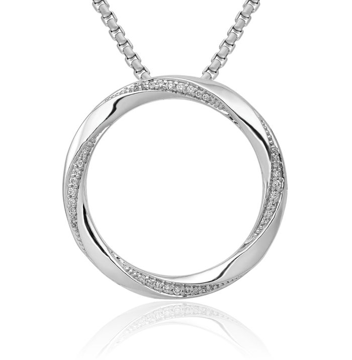 14K Solid White Gold Diamond Twisted Circle Round Floating Chain Slide Pendant Necklace Charm