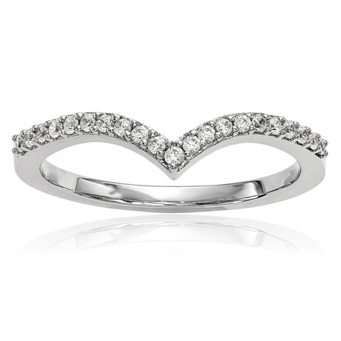 14K Solid White Gold Diamond V Ring