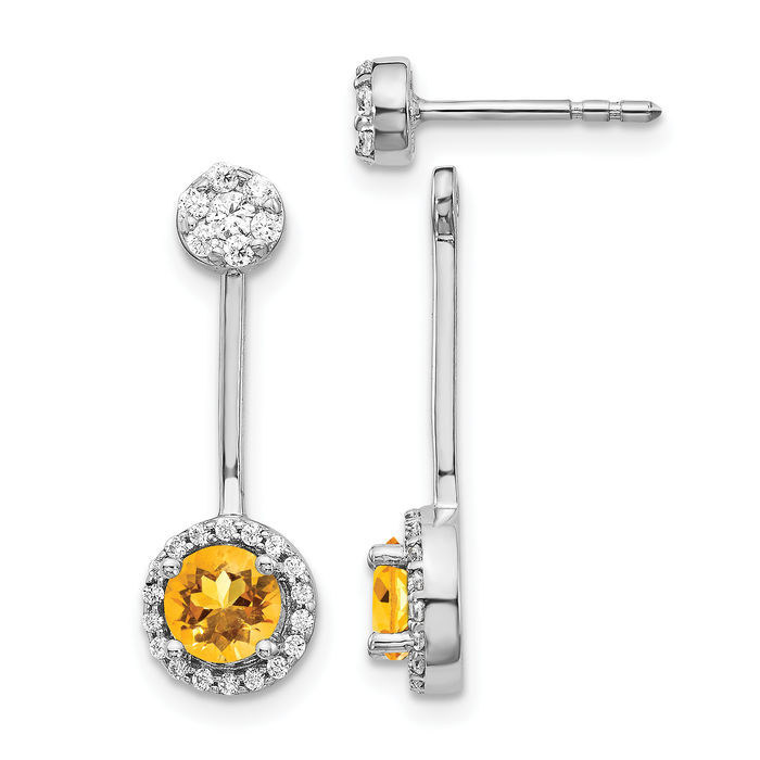 14K Solid White Gold Diamond Yellow Orange Citrine Stud Earrings November Birthstone Jewelry