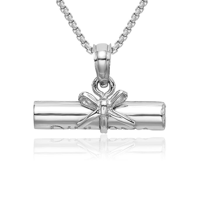 14K Solid White Gold Diploma Rolled Up Necklace Chain Pendant Charm