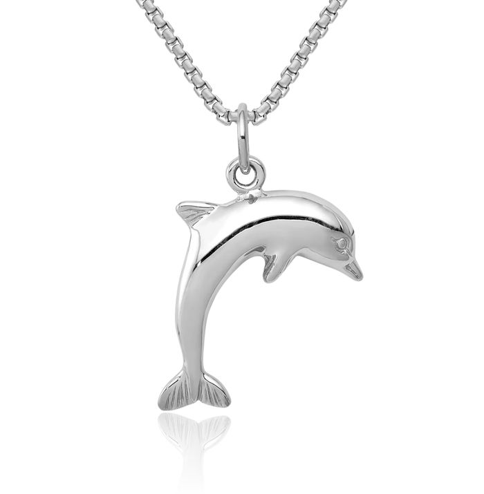 14K Solid White Gold Sea Dolphin Necklace Ocean Fish Pendant Summer Beach Nautical Charm