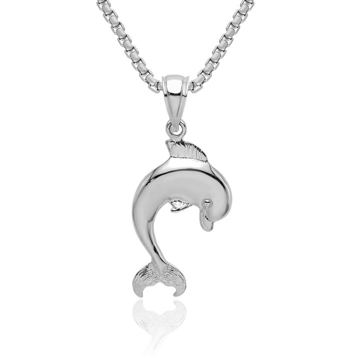 14K Solid White Gold Sea Dolphin Necklace Ocean Fish Pendant Summer Beach Nautical Charm