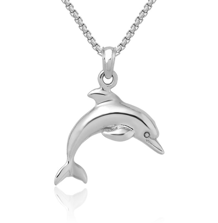 14K Solid White Gold Sea Dolphin Necklace Ocean Fish Pendant Summer Beach Nautical Charm