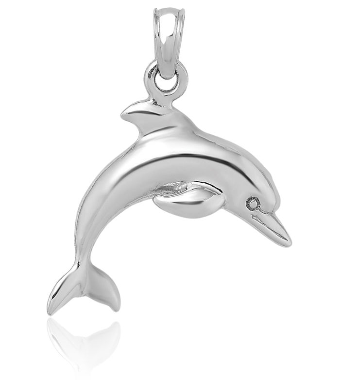 14K Solid White Gold Sea Dolphin Necklace Ocean Fish Pendant Summer Beach Nautical Charm