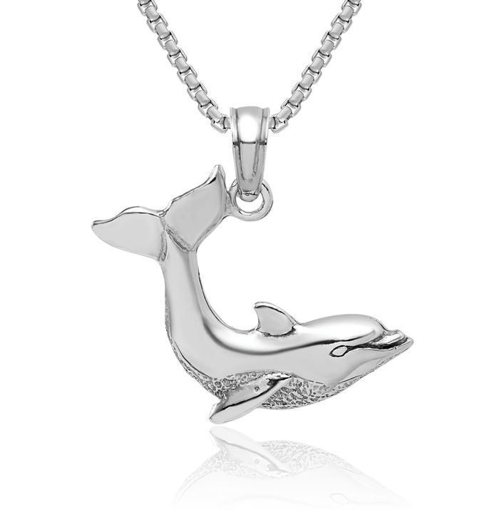 14K Solid White Gold Sea Dolphin Necklace Ocean Fish Pendant Summer Beach Nautical Charm