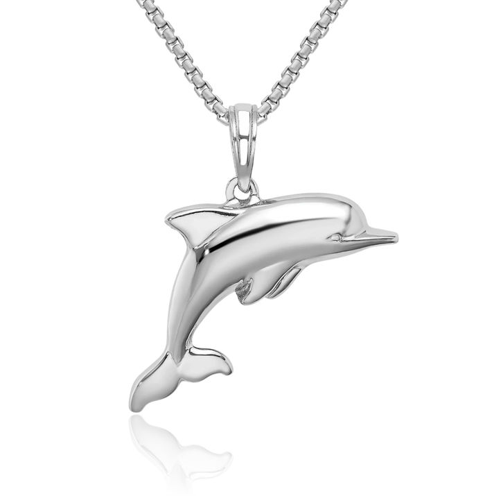 14K Solid White Gold Sea Dolphin Necklace Ocean Fish Pendant Summer Beach Nautical Charm