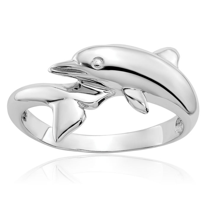 14K Solid White Gold Sea Dolphin Ocean Fish Beach Nautical Ring