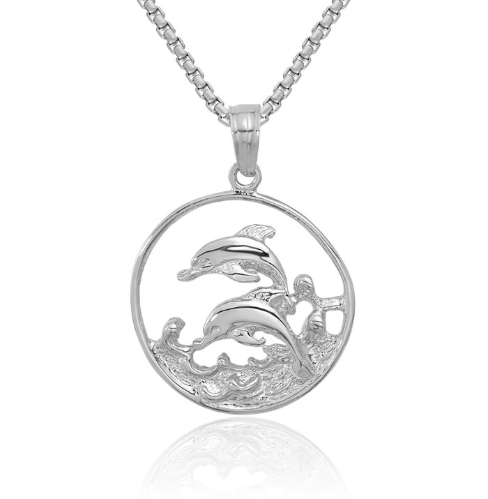 14K Solid White Gold Sea Dolphin Ocean Fish Beach Nautical Circle Round Necklace Chain Pendant Charm