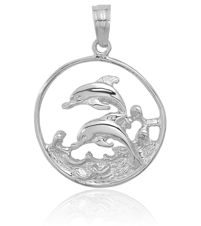 14K Solid White Gold Sea Dolphin Ocean Fish Beach Nautical Circle Round Necklace Chain Pendant Charm