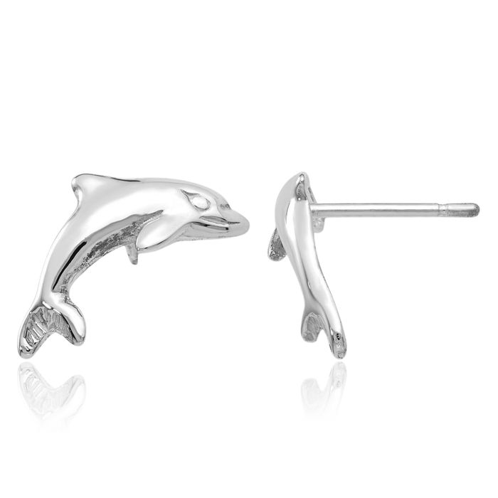 14K Solid White Gold Sea Dolphin Ocean Fish Beach Nautical Stud Earrings