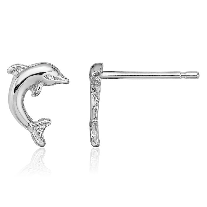 14K Solid White Gold Sea Dolphin Ocean Fish Beach Nautical Stud Earrings