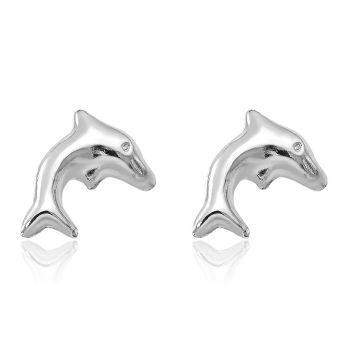 14K Solid White Gold Sea Dolphin Ocean Fish Beach Nautical Stud Earrings