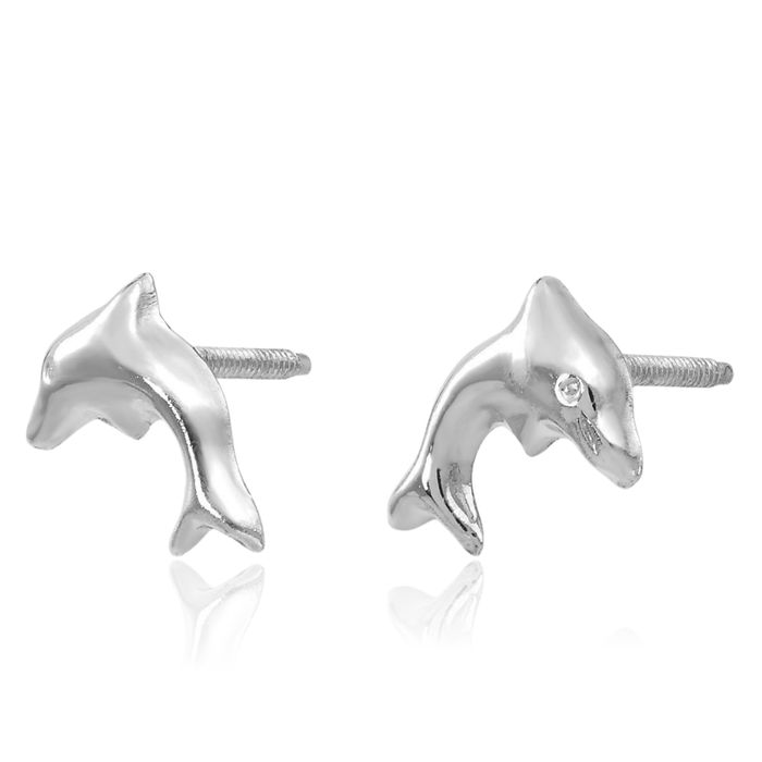 14K Solid White Gold Sea Dolphin Ocean Fish Beach Nautical Stud Earrings