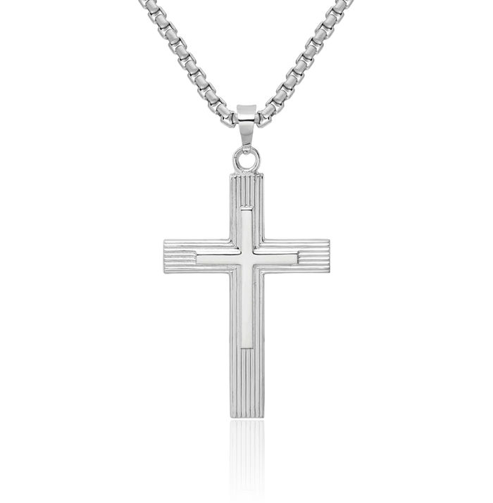 14K Solid White Gold Double Latin Mexican Holy Cross Necklace Religious Chain Pendant Jesus Christ Charm