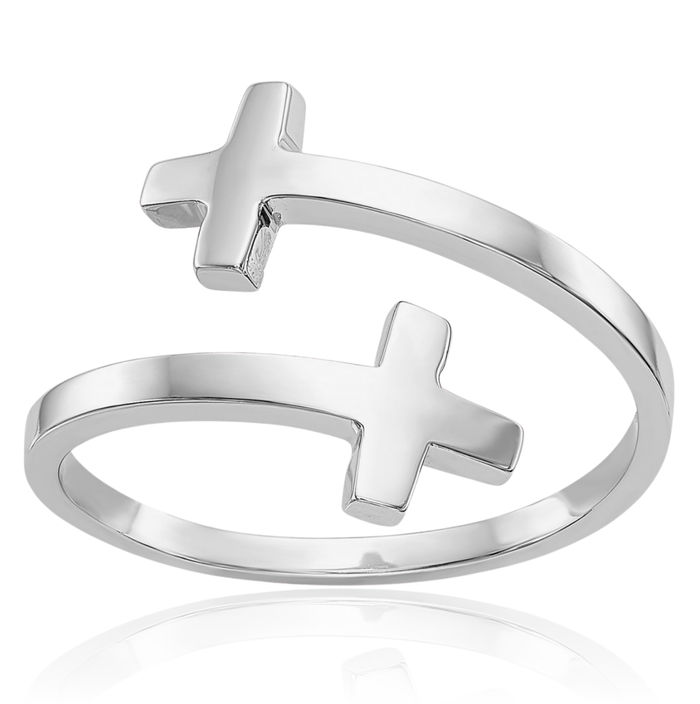 14K Solid White Gold Double Holy Cross Ring Christian Religious Band