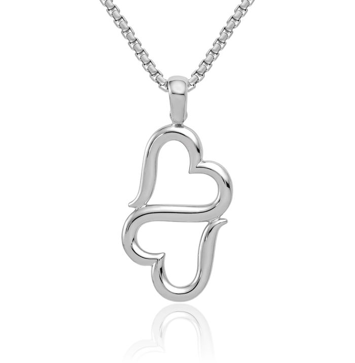 14K Solid White Gold Double Hanging Heart Necklace Love Pendant Charm