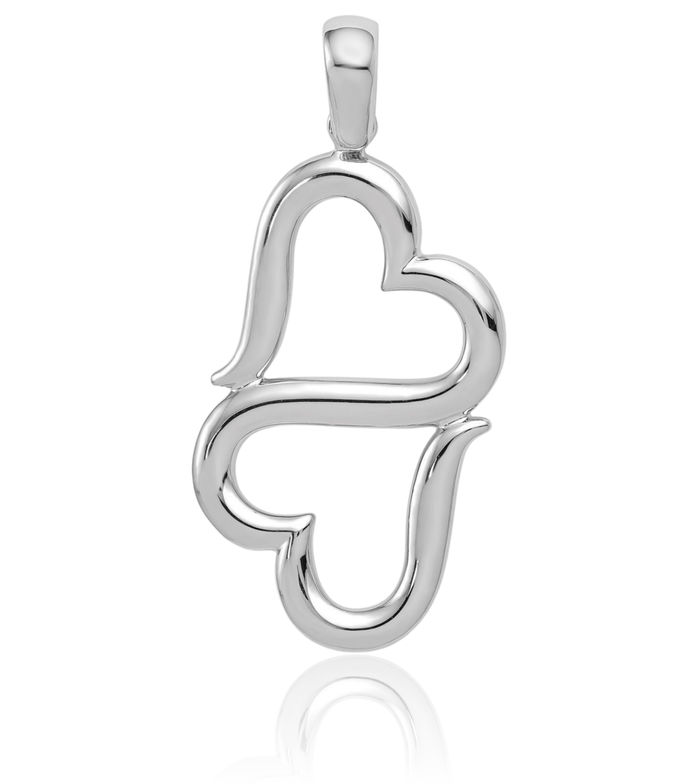 14K Solid White Gold Double Hanging Heart Necklace Love Pendant Charm