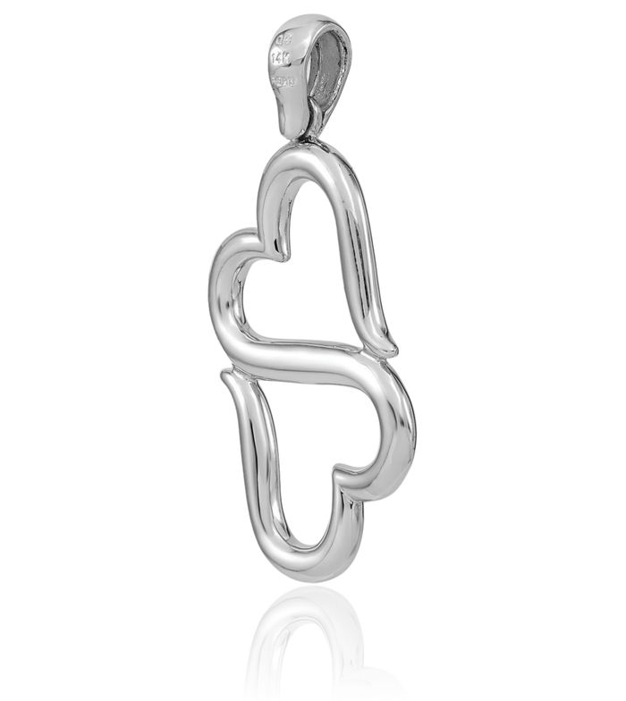 14K Solid White Gold Double Hanging Heart Necklace Love Pendant Charm