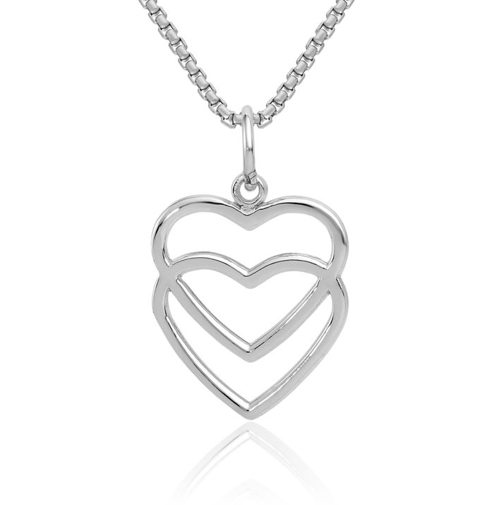 14K Solid White Gold Double Heart Necklace Love Pendant Charm