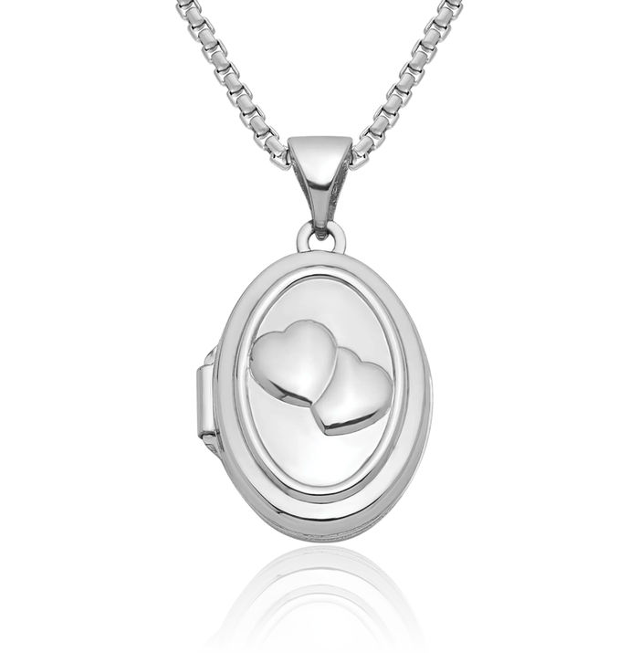 14K Solid White Gold Double Heart Oval Personalized Photo Locket Necklace Picture Pendant Charm