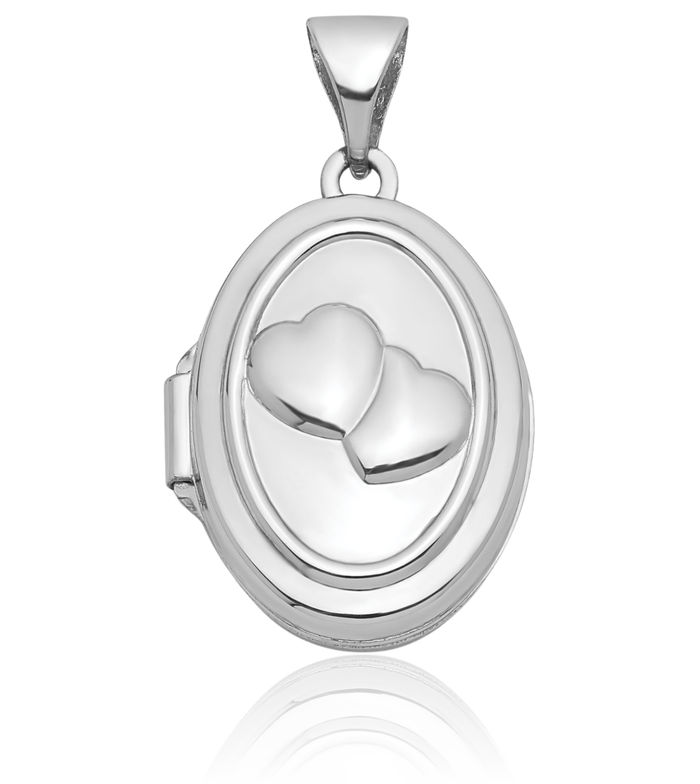 14K Solid White Gold Double Heart Oval Personalized Photo Locket Necklace Picture Pendant Charm