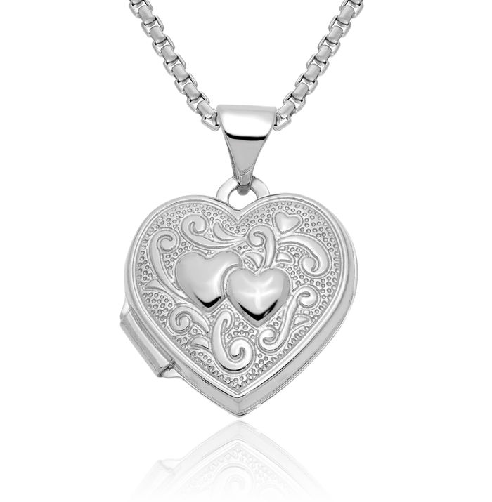 14K Solid White Gold Double Heart Personalized Photo Locket Necklace Picture Pendant Charm