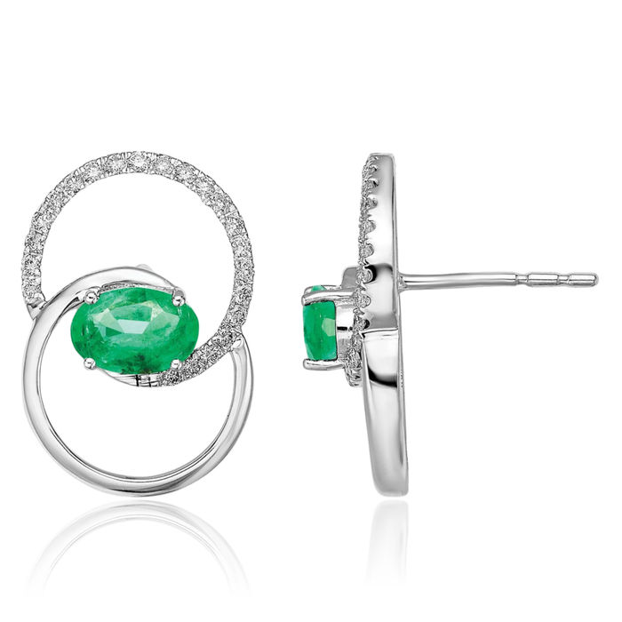 14K Solid White Gold Double Circle Round Green Emerald Diamond Studs Gemstone Earrings