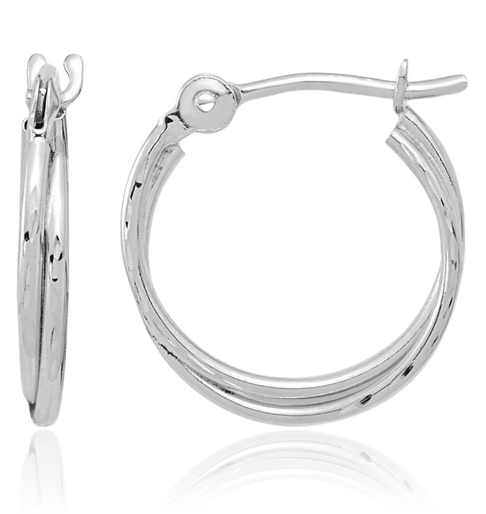 14K Solid White Gold Double Round Large Hoop Earrings