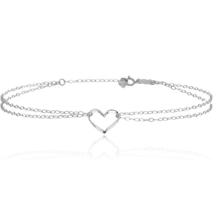 14K Solid White Gold Double Strand Heart Anklet Summer Beach Foot Ankle Bracelet