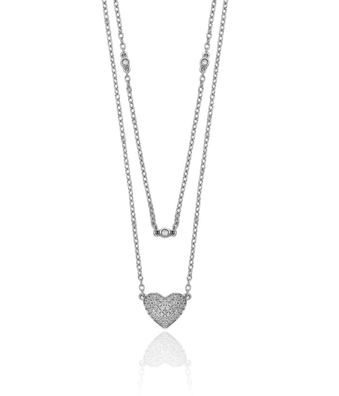 14K Solid White Gold Double Strand Heart Layering Necklace Love Pendant Friendship Charm Chain