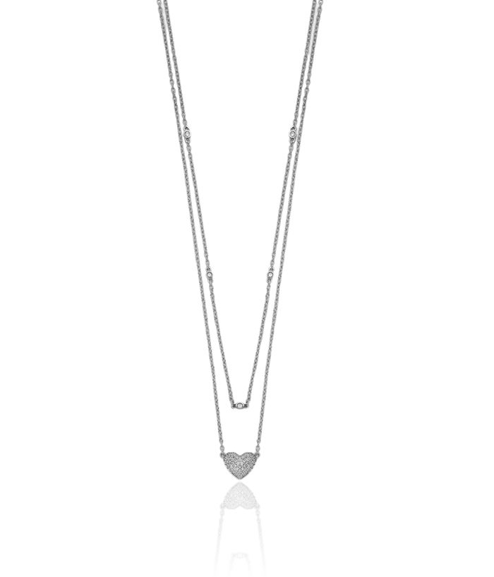 14K Solid White Gold Double Strand Heart Layering Necklace Love Pendant Friendship Charm Chain